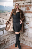 Brown demi-buff mink stroller coat with open front and shawl collar