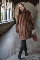 Demi-buff mink stroller coat, full-zip style with wide shawl collar, brown