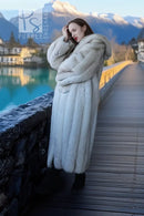 Hooded plush faux fur coat in pale blue, full length with wide collar and belt ties