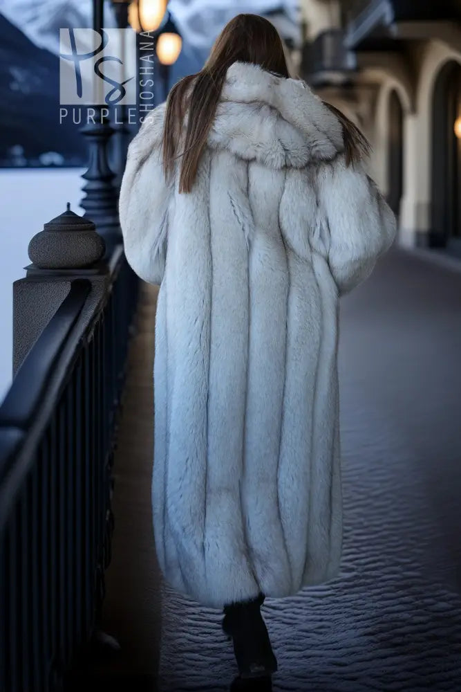 Hooded plush faux fur coat in pale blue, back view with full hood and mid-calf length