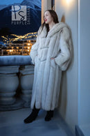 Light blue hooded faux fur coat with open front and long sleeves