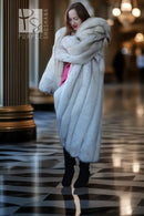 Hooded plush faux fur coat, pale blue, three-quarter view with oversized hood
