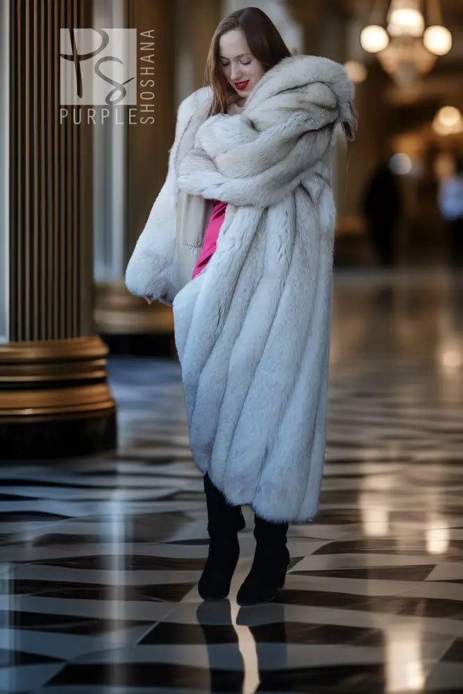Hooded plush faux fur coat, pale blue, three-quarter view with oversized hood