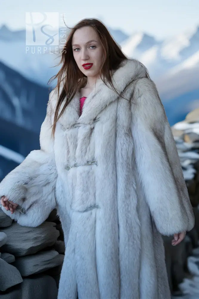 Hooded plush coat with textured fur sleeves and fitted hood, open neckline detail
