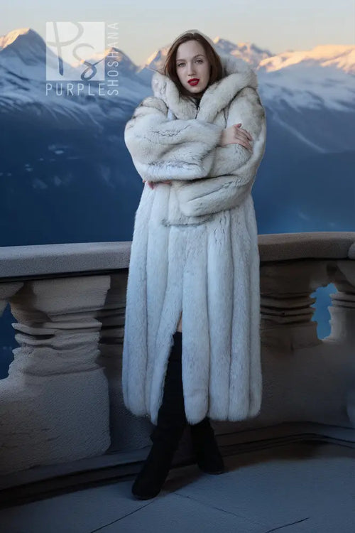 Hooded plush long coat with thick fur texture, buttoned front and structured shoulders