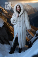Long hooded plush fur coat with deep hood and front toggle-like closure details