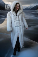 Hooded plush coat with full-length design and fur-look texture, front button placket