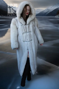 "Ice Bloom" – Hooded Plush Designer Blue Fox Coat