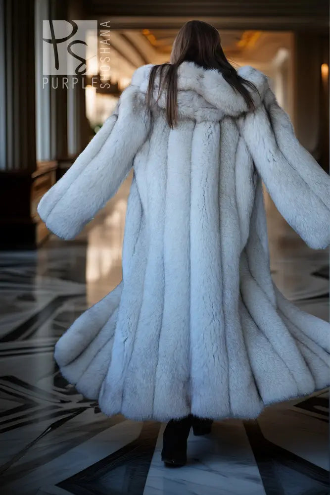 Hooded plush faux fur coat in pale blue, back view with wide hood and gathered hem