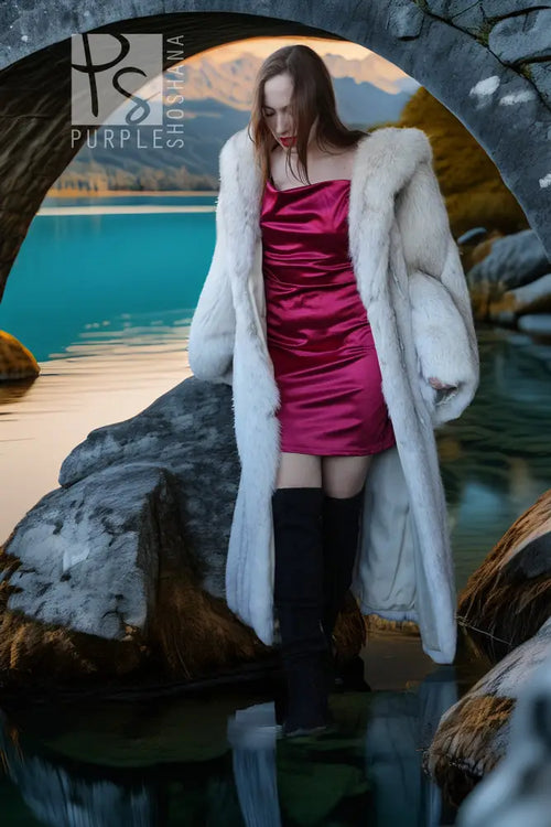 Hooded plush faux fur coat, pale blue, open front with long sleeves and side pockets