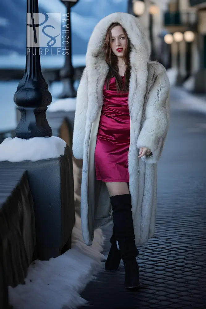 Hooded plush faux fur coat in pale blue, front view with structured shoulders and hood