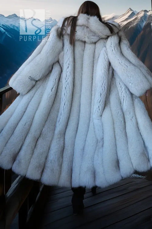 Fluffy hooded plush coat with gathered skirt hem and textured fur panels across body