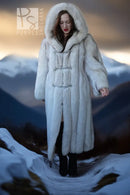 Hooded plush coat with buttoned front and full skirt flare, long fur length