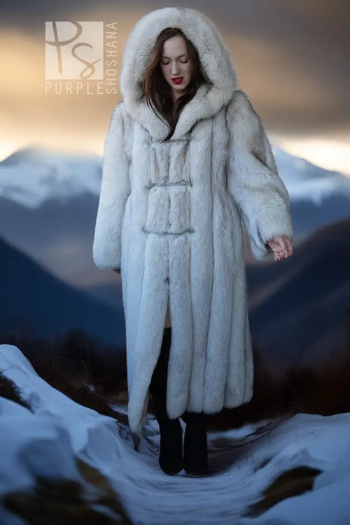 Hooded plush coat with buttoned front and full skirt flare, long fur length