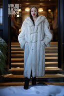 Hooded plush faux fur coat in pale blue, centered front view with hooded collar