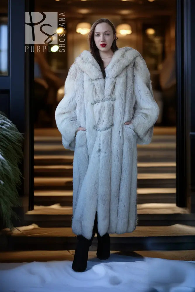 Hooded plush faux fur coat in pale blue, centered front view with hooded collar