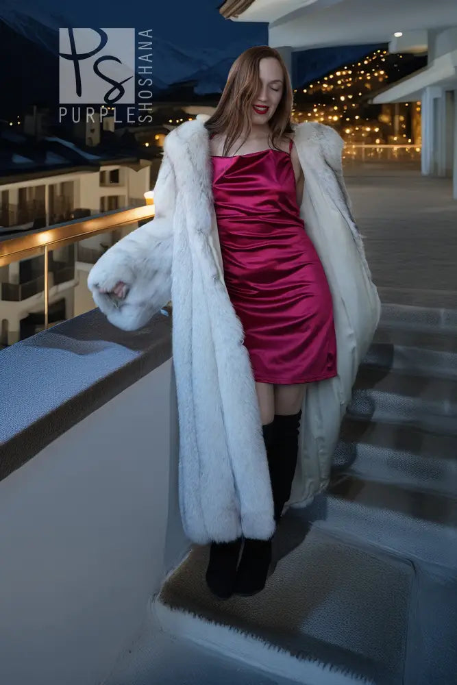 Light blue hooded faux fur coat with thick collar and open front