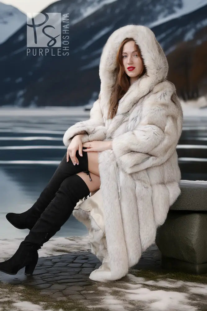 "Ice Bloom" – Hooded Plush Designer Blue Fox Coat
