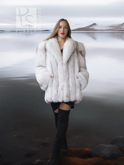 Pale white fox fur coat with shawl collar, full front view with open neckline