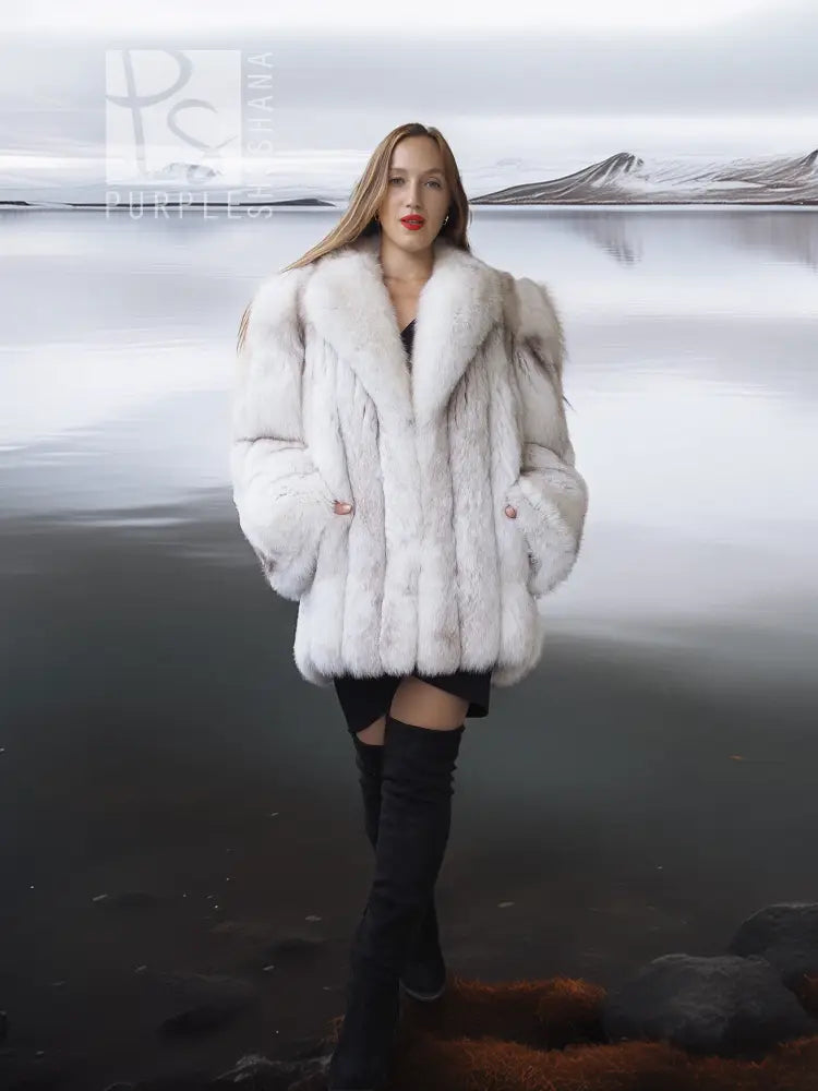 Pale white fox fur coat with shawl collar, full front view with open neckline