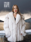 Fur coat with shawl collar, oversized volume, white plush texture.