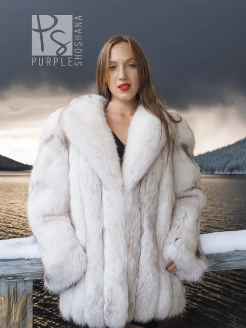 Fur coat with shawl collar, oversized volume, white plush texture.