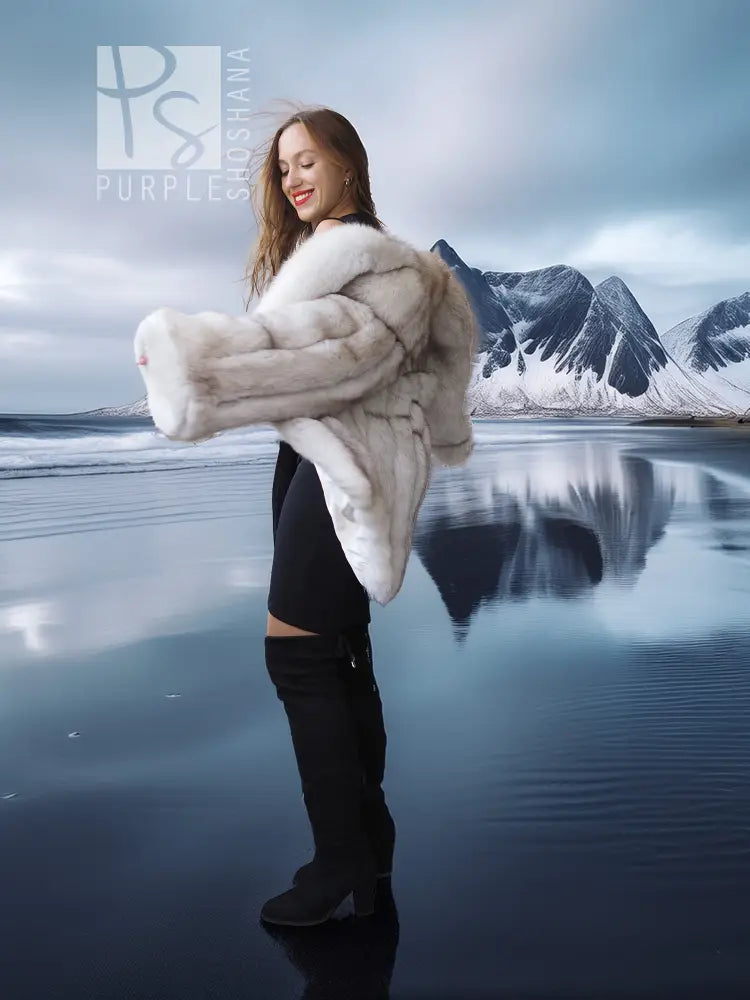 Pale white fox fur coat with shawl collar, side view with draped back