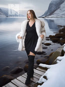 Fur coat with shawl collar, open front, white plush texture.