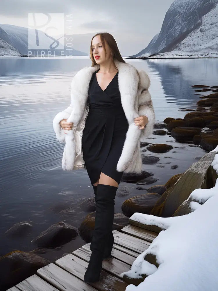 Fur coat with shawl collar, open front, white plush texture.