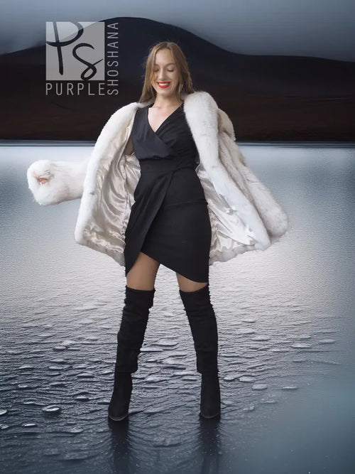 Pale white fox fur coat with shawl collar, open front with wide sleeves