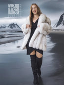Pale white fox fur coat with shawl collar, three-quarter front view