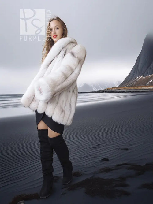 Fur coat with shawl collar, side view, white plush texture.