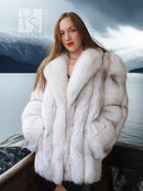 Pale white fox fur coat with shawl collar, open wrap-style front view