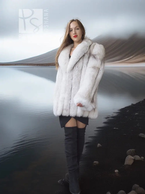 White faux fur coat with shawl collar and full, sculpted silhouette over a dress.