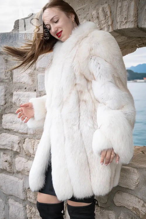 White plush fur jacket with fluffy texture and long sleeves, open front