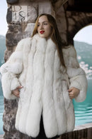 White plush fur jacket with wide shoulders and open front