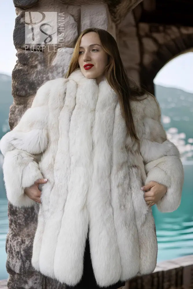 White plush fur jacket with wide shoulders and open front