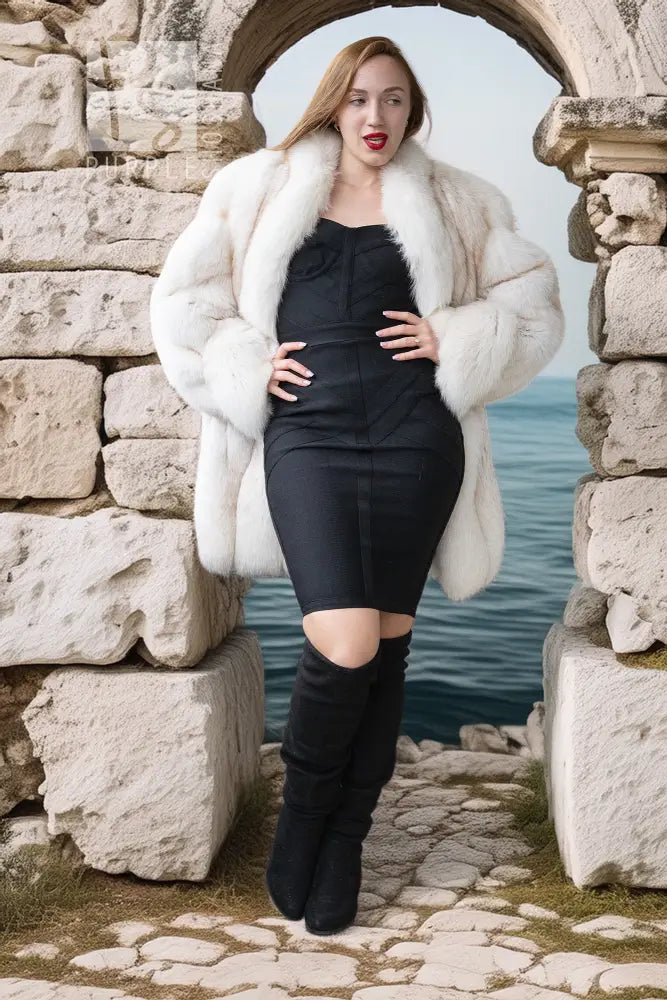 White plush fur jacket with soft fluffy texture and open front