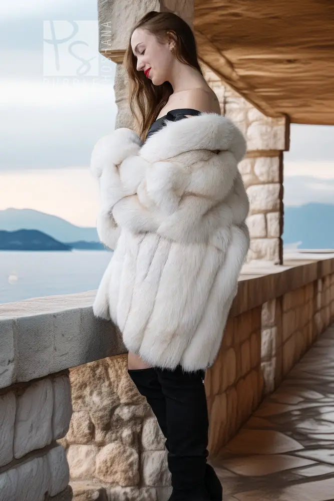 White plush fur jacket with long sleeves and open front, cropped hem
