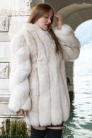 Ivory faux fur jacket with soft, wide collar and full-length sleeves