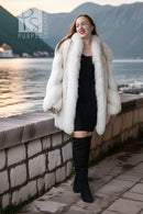 White plush fur jacket with long sleeves and open front, cropped length