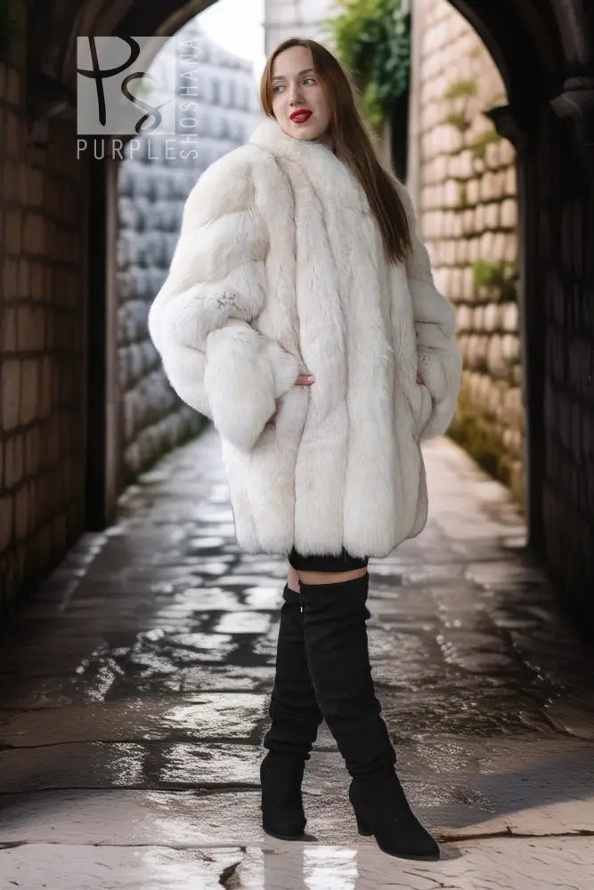Ivory plush faux fur jacket with structured body and long sleeves