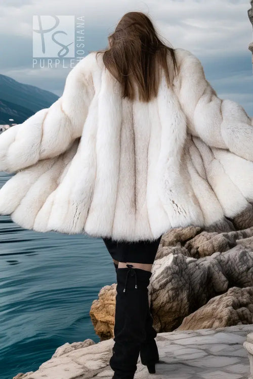 White plush fur jacket with wide layered sleeves and open front, draped look