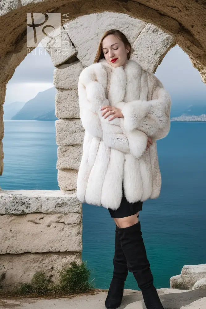 White plush fur jacket with voluminous sleeves and open front, worn over black dress
