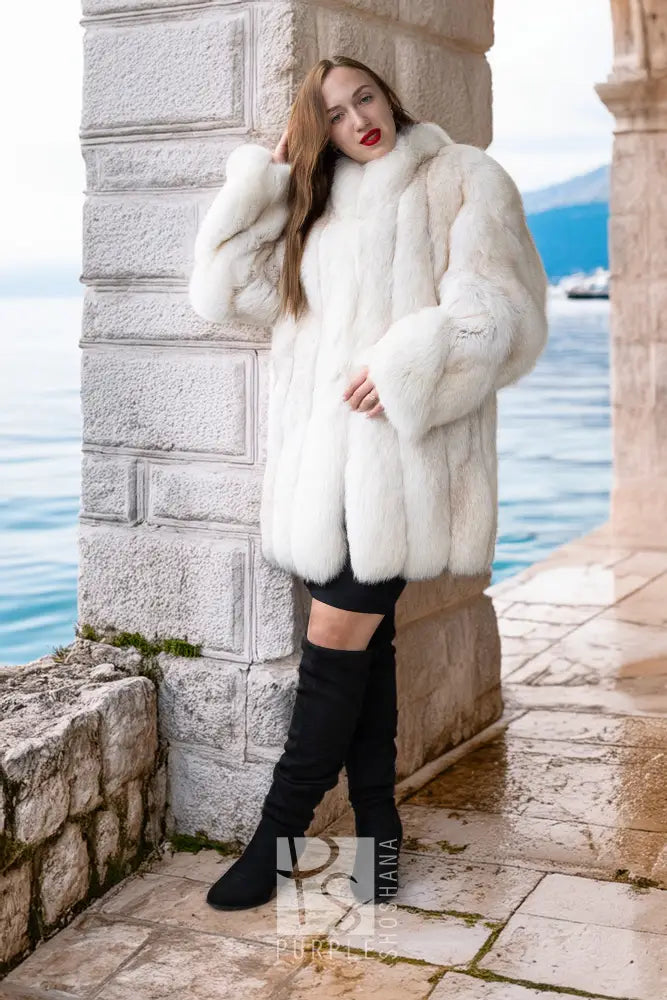 "Ivory Horizon" — Plush Frost Fox Fur Jacket in Winter White