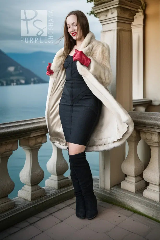 Ivory mink short coat with wide sleeves, rounded hem, and fur-lined cuffs.