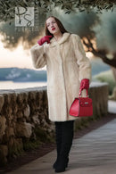 Ivory faux mink coat with plush collar and long sleeves, button-front style
