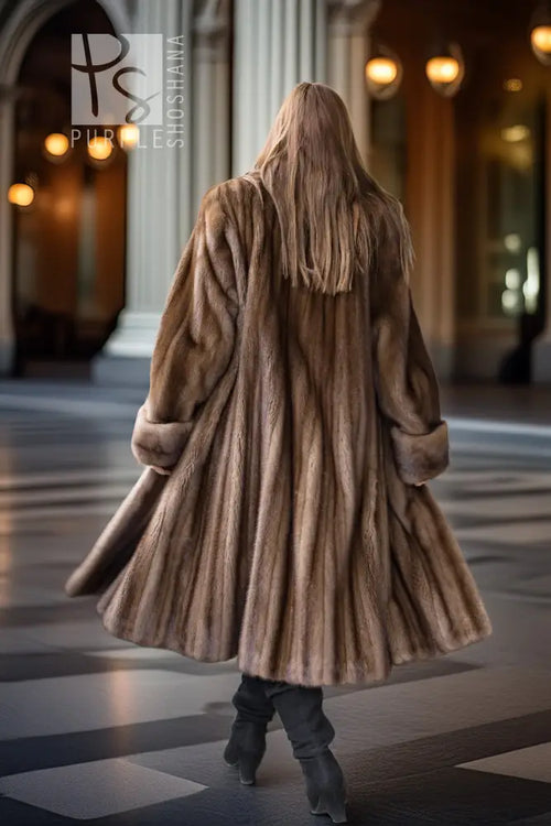 Women’s dark brown mink swing coat, hooded back view with flared skirt hem.