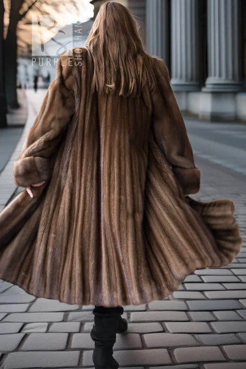 Brown mink swing coat, back view, full swing hem and long sleeves