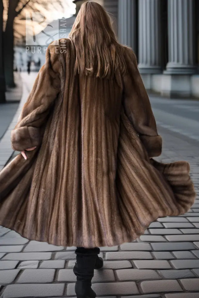Brown mink swing coat, back view, full swing hem and long sleeves